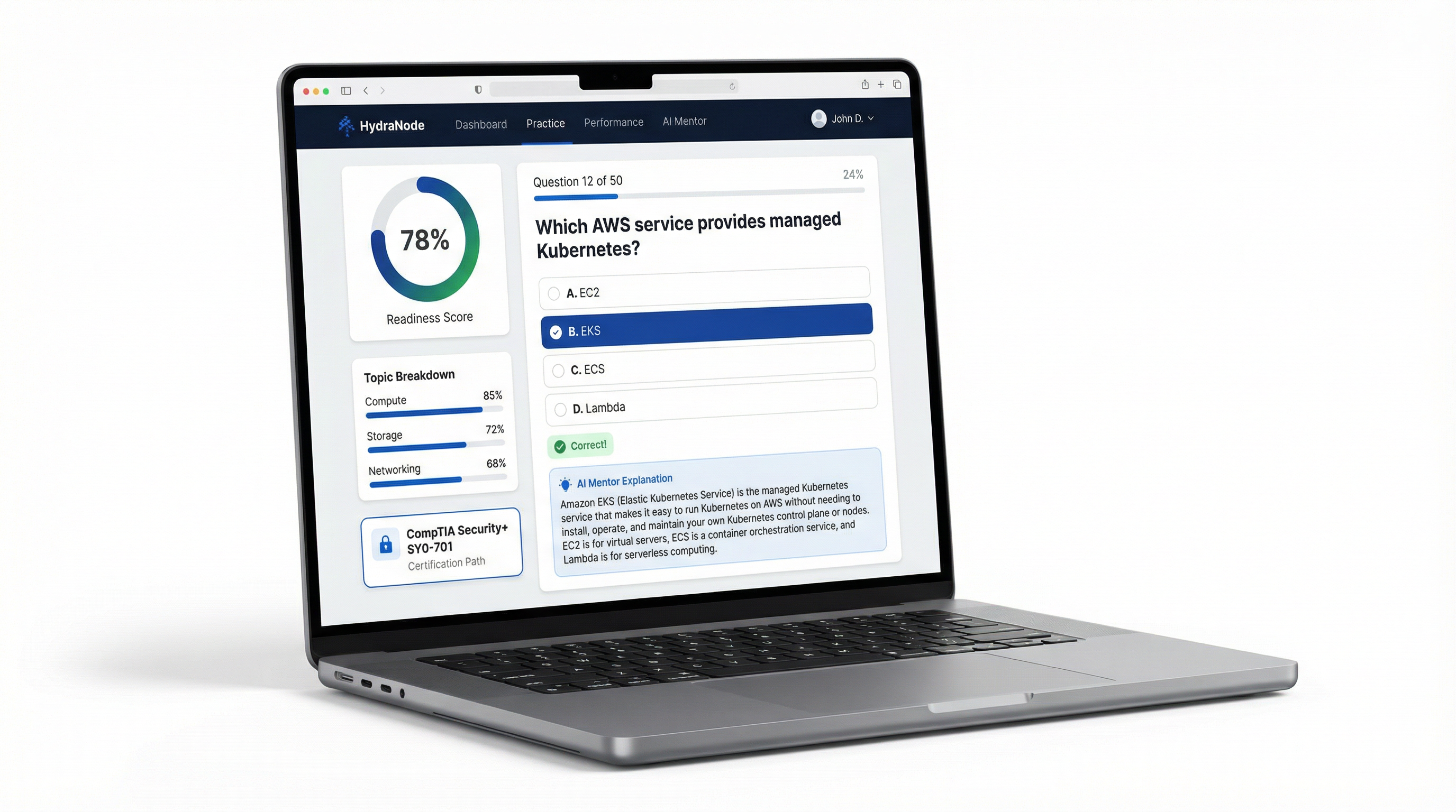 HydraNode AI exam practice interface showing a multiple choice question with AI explanation